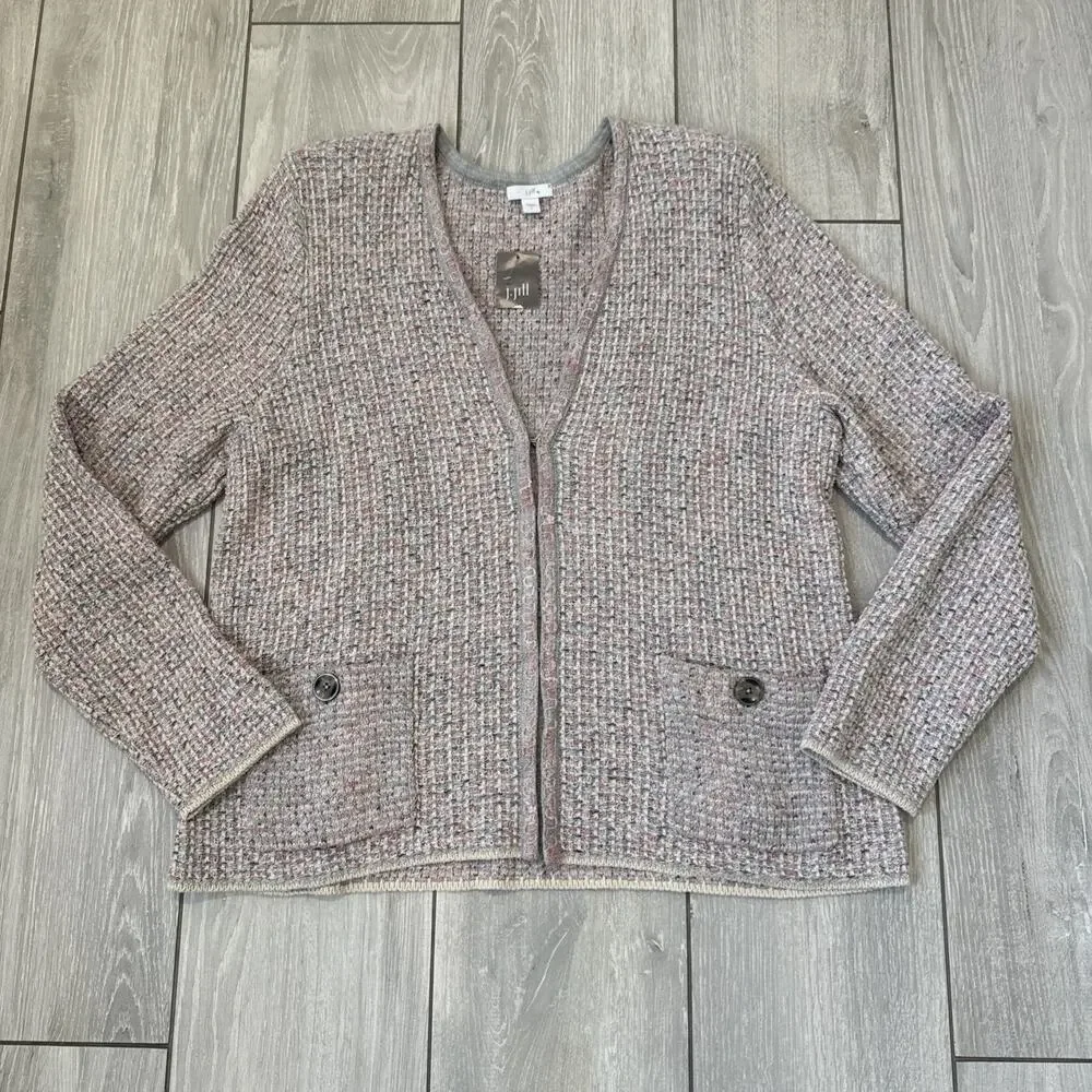 J Jill Sweater Cardigan Pink Gray Girly Spring Knit Pockets Size Large New